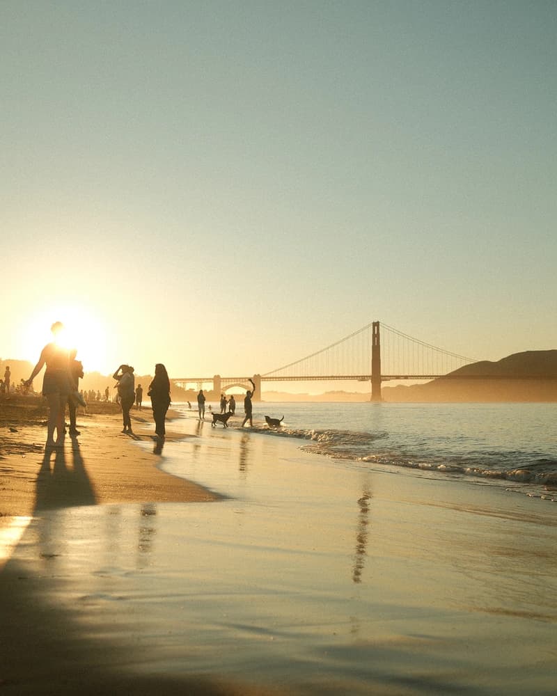 Golden Gate Bridge from the beach at sunset